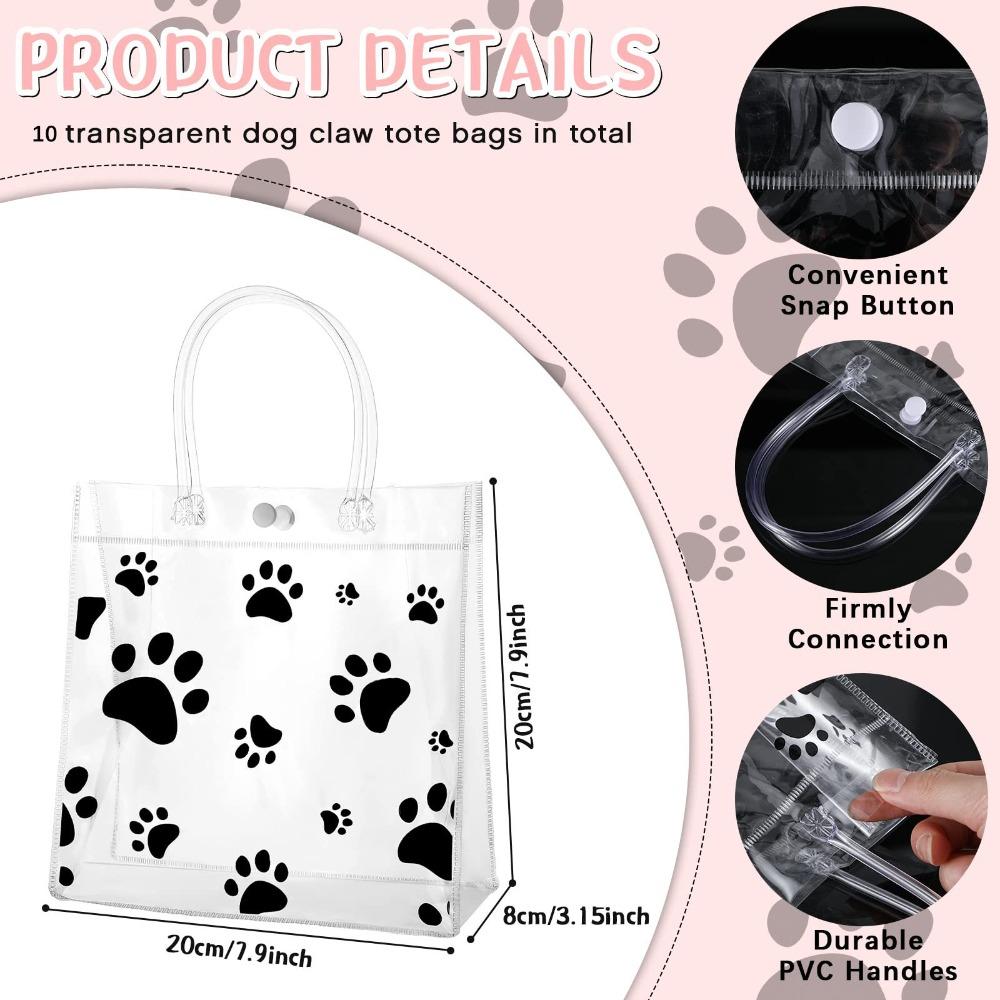 10Pcs Dog Paw Clear PVC Gift Bags with Handle, Reusable  Plastic Transparent Goodie Bags, for Puppy Pet Treat Party Favors 20x20x8cm