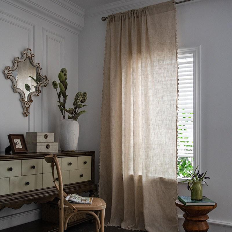 American Style Simple Solid Color Imitation Bamboo Knot Hemp Beige Tassel Bedroom Living Room Shading Insulation Window Curtain