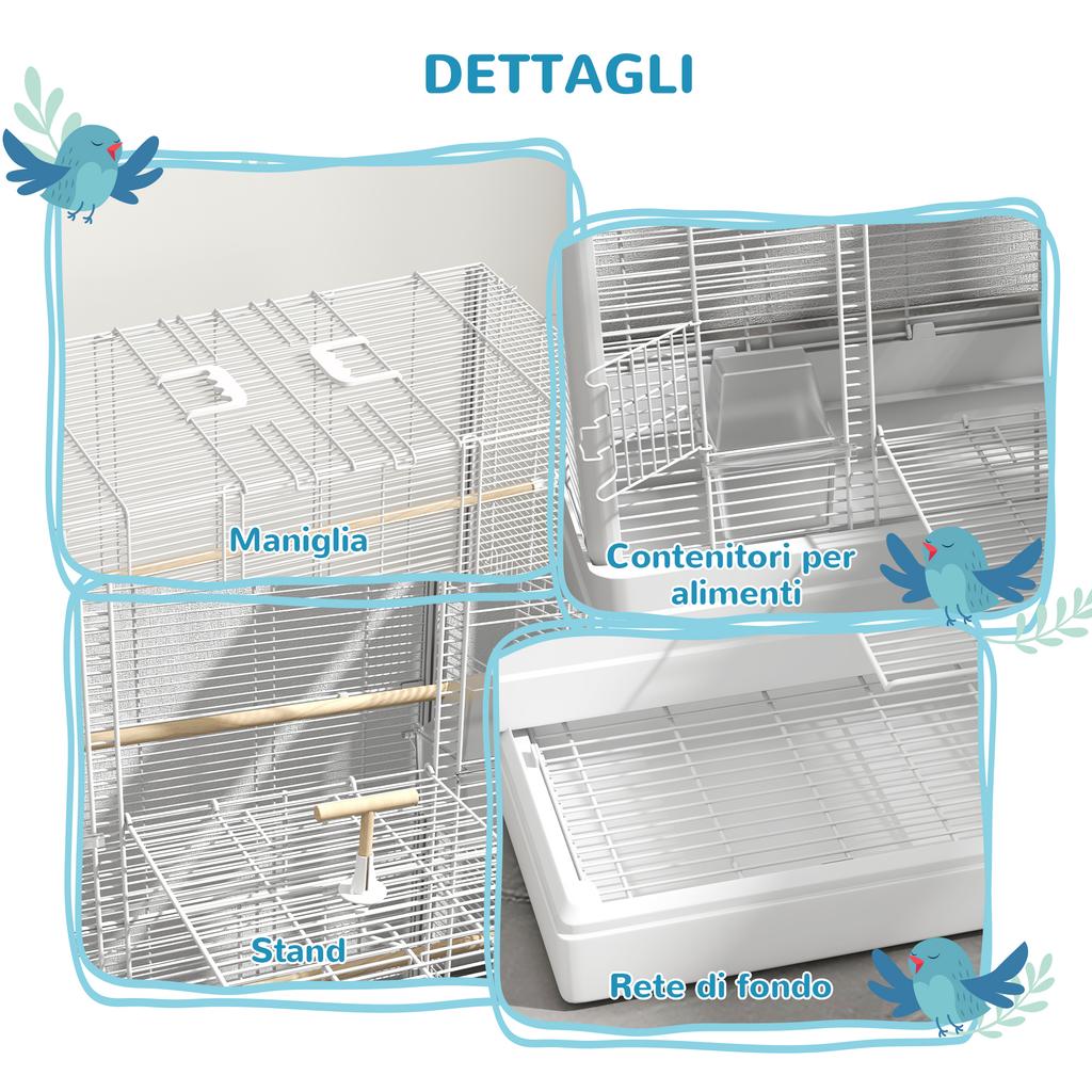 Bird Cage with Removable Tray and Perches, Parrot Aviary, 61x36.5x98 cm, White