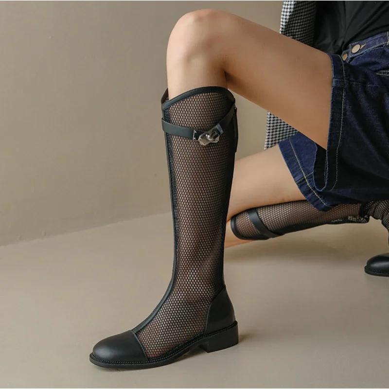 Kniehohe Mesh-Stiefel für den Sommer, Damen, V-Ausschnitt, atmungsaktives Mesh, Ritterstiefel, dicker Absatz, aushöhlen, lange coole Stiefel, Botas Mujer