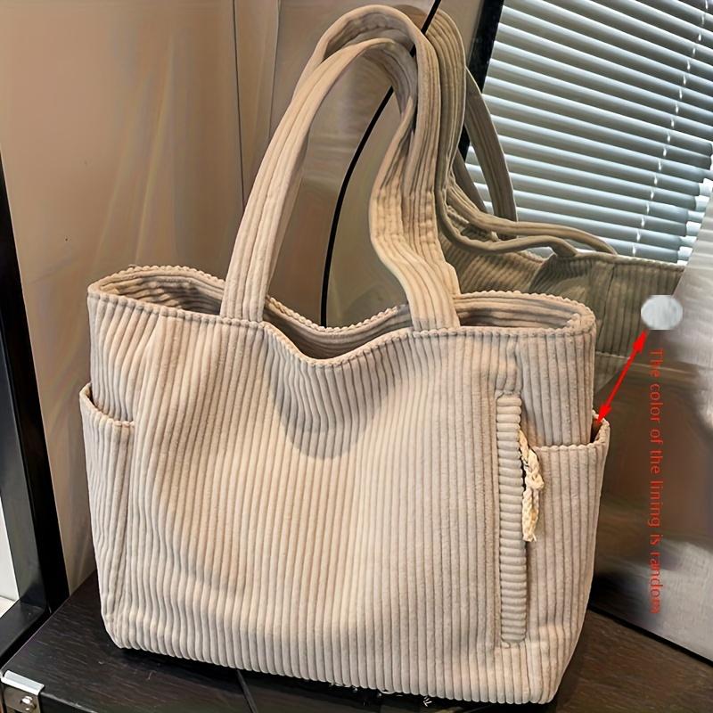 1pc Elegant Casual Corduroy Tote Bag with Zipper Closure, Foldable Large Capacity Polyester Lined Handbag, Fixed Shoulder Straps