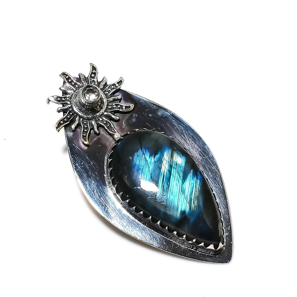 Blauer auffälliger Labradorit, Weißer Topas Edelstein Anhänger, Labradorit Natürlicher Edelstein Handarbeit 925 Sterling Silber Anhänger für Frauen Anhänger für Geschenke