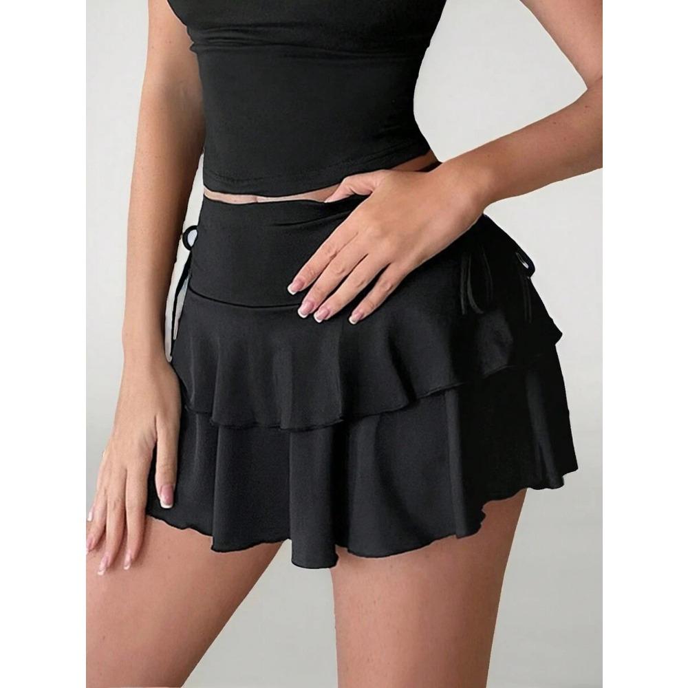 Vielseitiger Damen-Minirock mit Rüschen, Stufiger Fließender Rock mit Verstellbarem Kordelzug, Femininer Freizeitrock für Sommer & Täglichen Gebrauch
