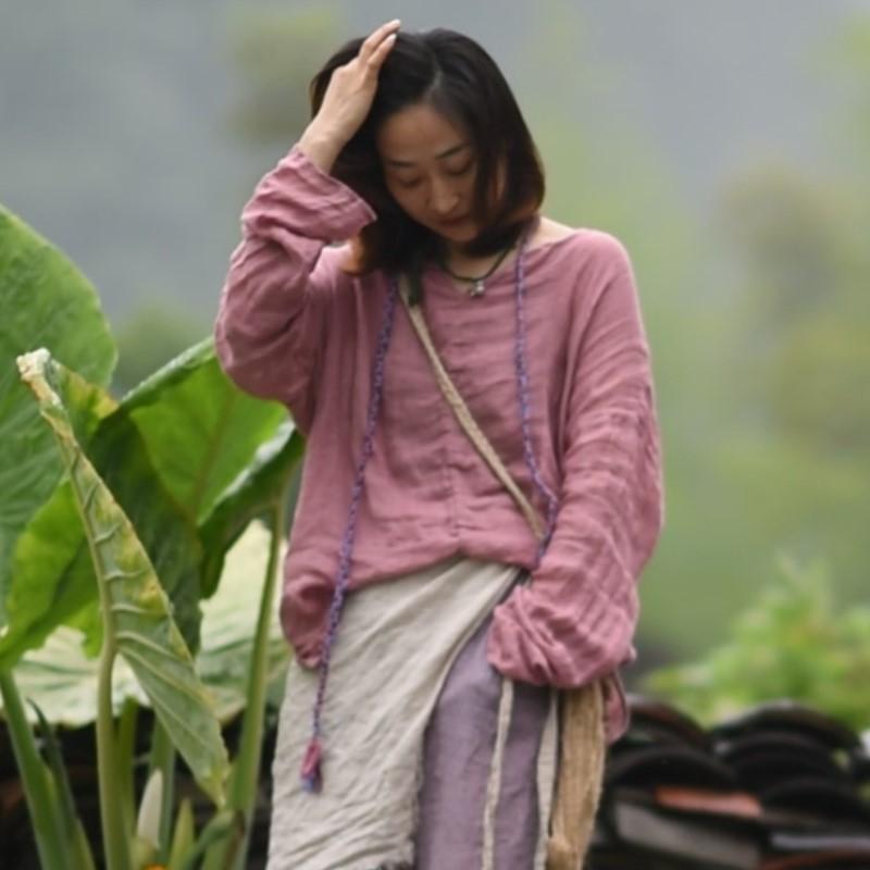 Johnature Women Vintage T-Shirts V-Neck Long Sleeve Solid Color Spring Casual Loose Women T-Shirts Soft