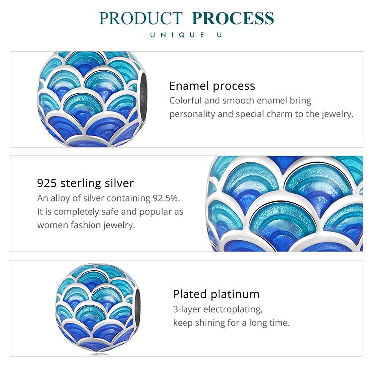 BAMOER 925 Sterling Silver Graduated Blue Chinese Dragon Scale Bead for Original Bracelet Bangle Unique Charm Jewerly