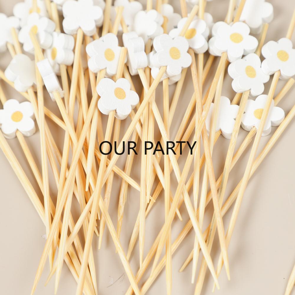 100Pc Sweet Daisy Flower Disposable Bamboo Food Picks Dessert Fruit Forks for Kids Birthday Wedding Baby Shower Party Decoration
