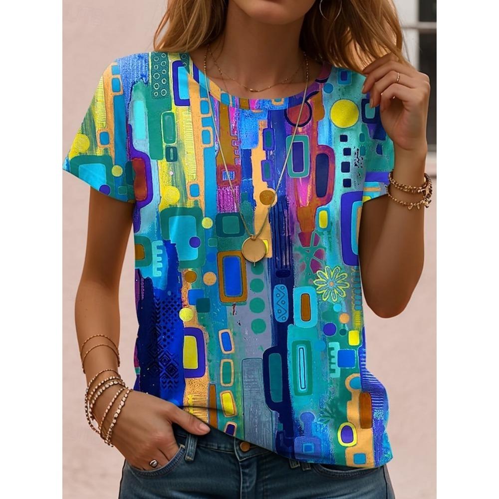 Геометрическая Полосатая Винтажная Футболка, Женская Короткая Рукавная Футболка с Круглым Вырезом, 3D Печать, Стиль Харадзюку, Повседневная S