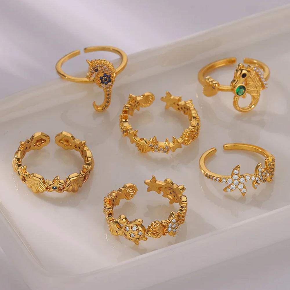 Dainty Zircon Shell Starfish Turtle Evil Eye Rings Stainless Steel Ring Women Anti Fading Golden Charm Zircon Accessories Gifts