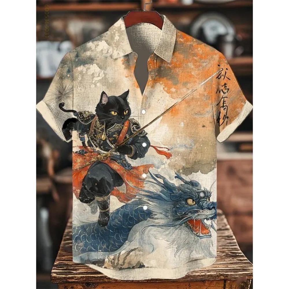 Herren Kurzarmhemd mit Schwarz-Katzen- und Blau-Drachen-Print, Geeignet für Strandurlaube, Partys und Bequemes Tragen.