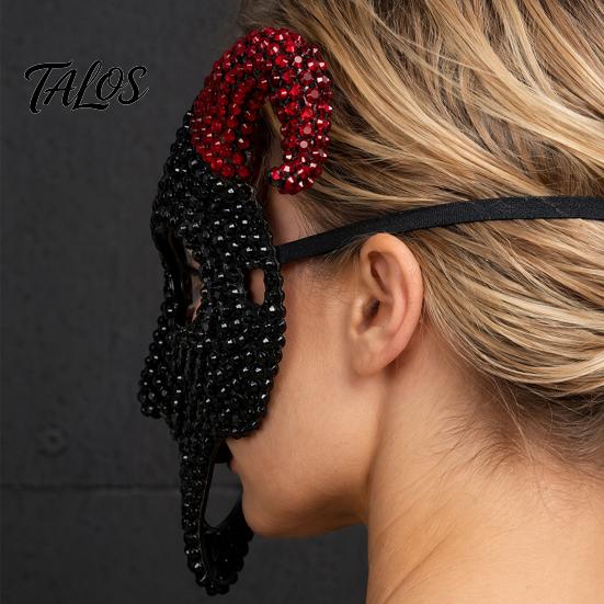 Light Luxury Skull Mask Halloween Rhinestone Full Face Mask, Black White Ram Horn Masquerade Sparkly Crystal Glitter Party for Adults Unique Costume