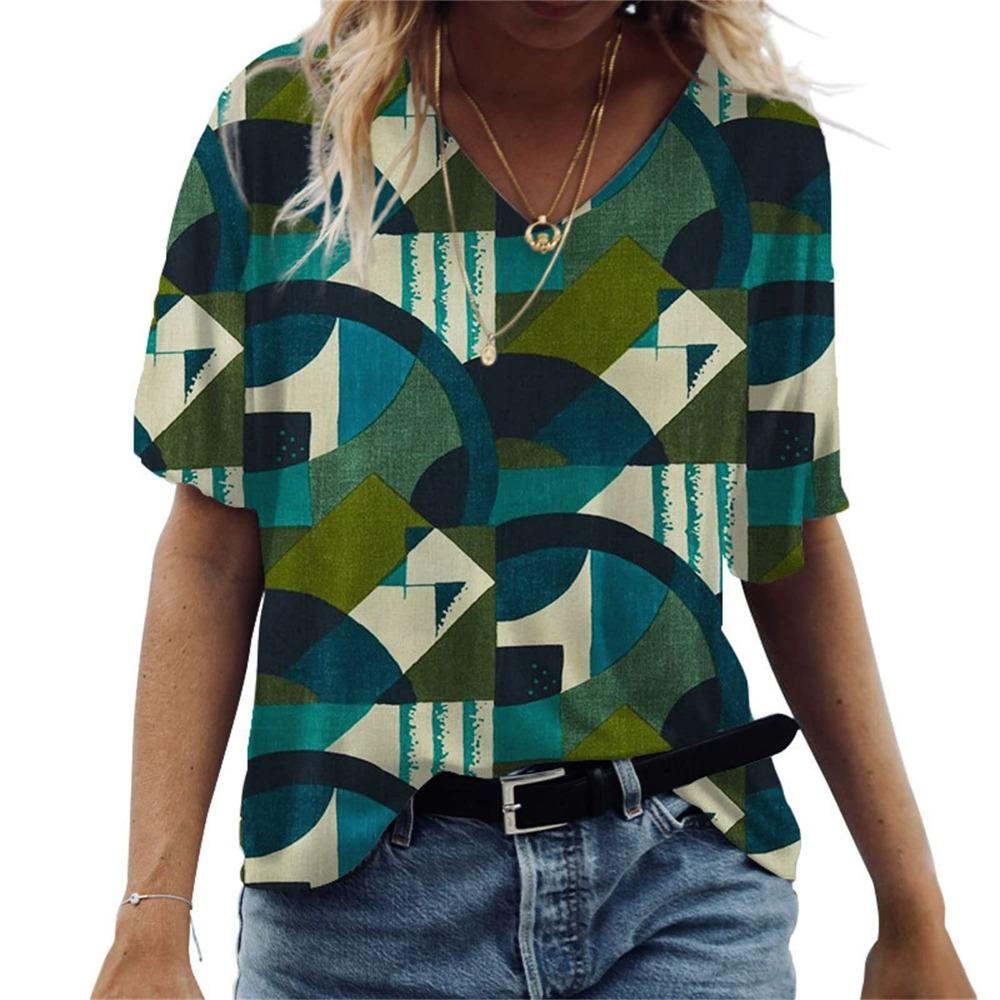 

Fashion ladies V-neck elegant fashion short sleeve T-shirt summer 3d printing irregular printing loose tops multiple colors XL