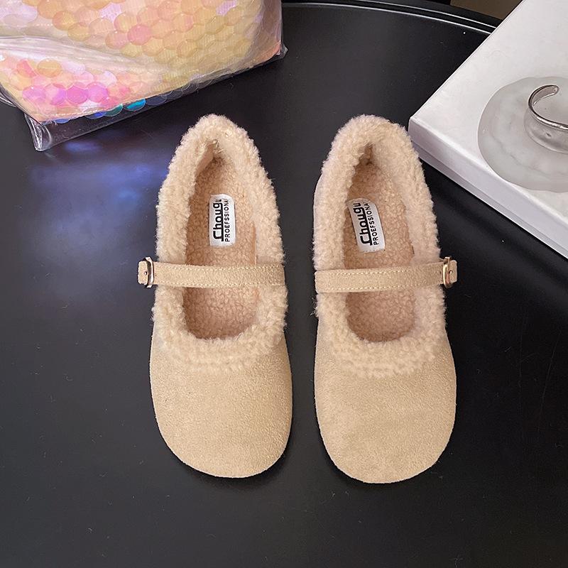 Round head flat bottom Mao Mao mouth women's shoes 2025 new autumn and winter velvet Doudou shoes casual warm women's cotton shoes