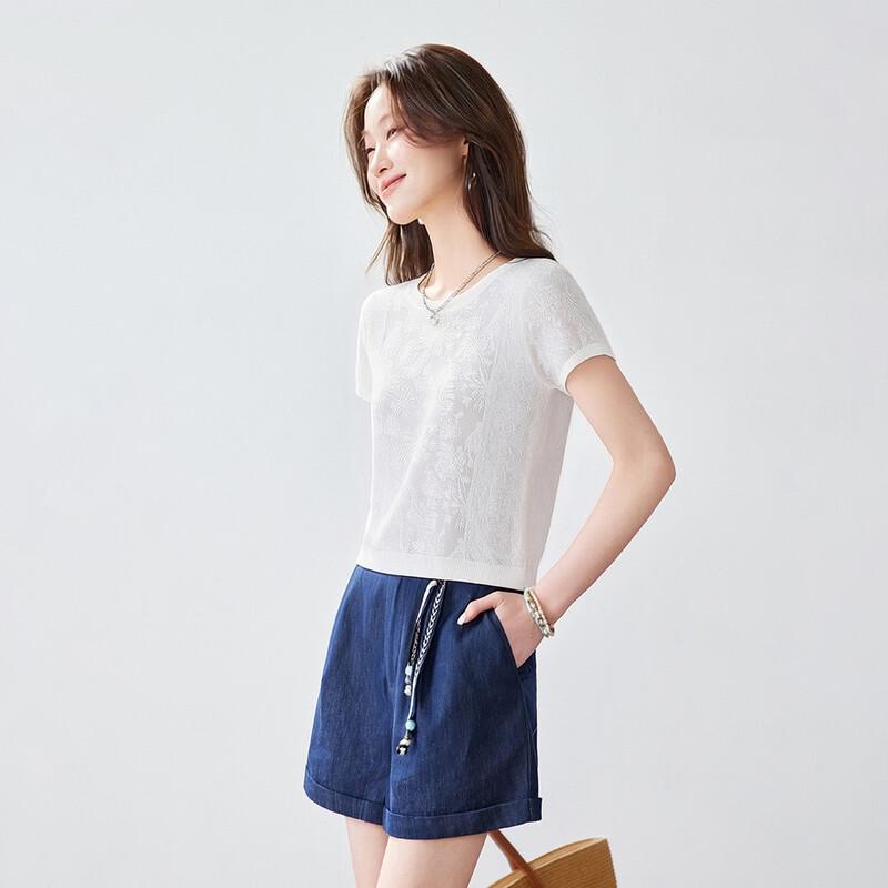 Srcr Women's Silk Blend Hollow Jacquard Knit Short Sleeve Top