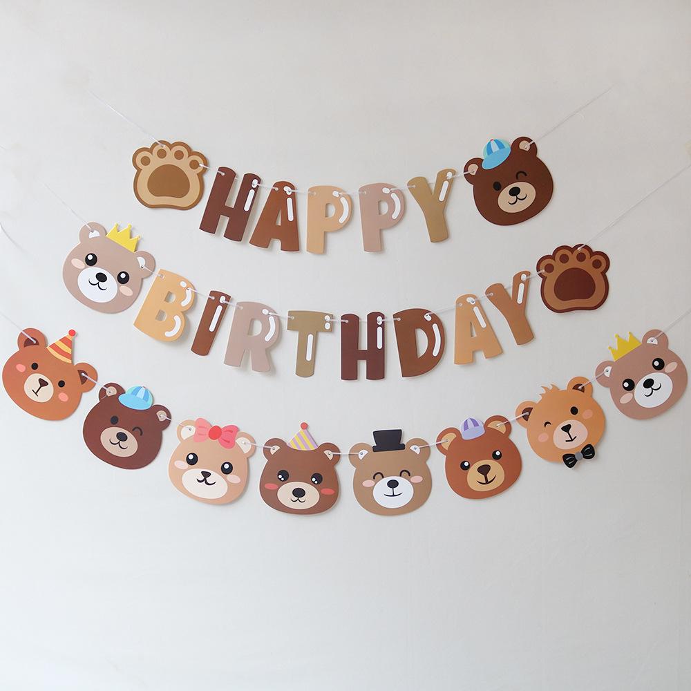 Retro Cartoon Little Bear Birthday Party Pull Flag Decoration Banner