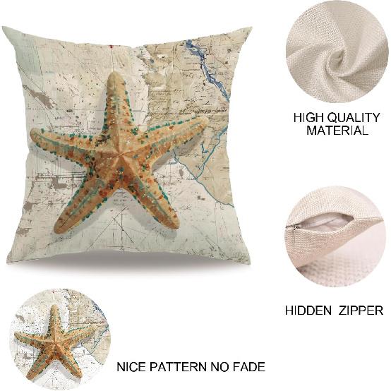 7COLORROOM Nautical Throw Pillow Covers 18 X 18 inches,Vintage Map Background Seashell Starfish Cushion Cases Beach Sea Style Design Home 4Pack