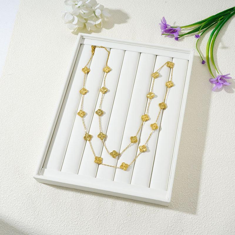 Hochwertige 90 cm lange doppelseitige Halskette mit vierblättrigem Kleeblatt und 20 Blumen, Glücksanhänger, modische und vielseitige Pulloverkette für Damen