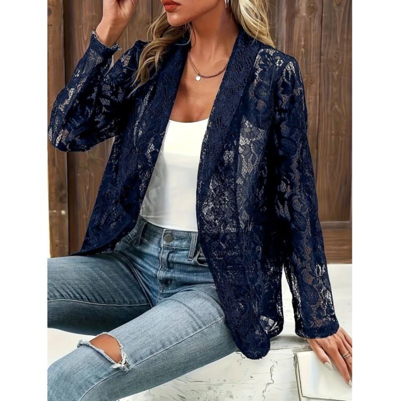 Women's Summer Solid-Color Embroidered Elegant Open-Front Cardigan with Lace-Up Detail
