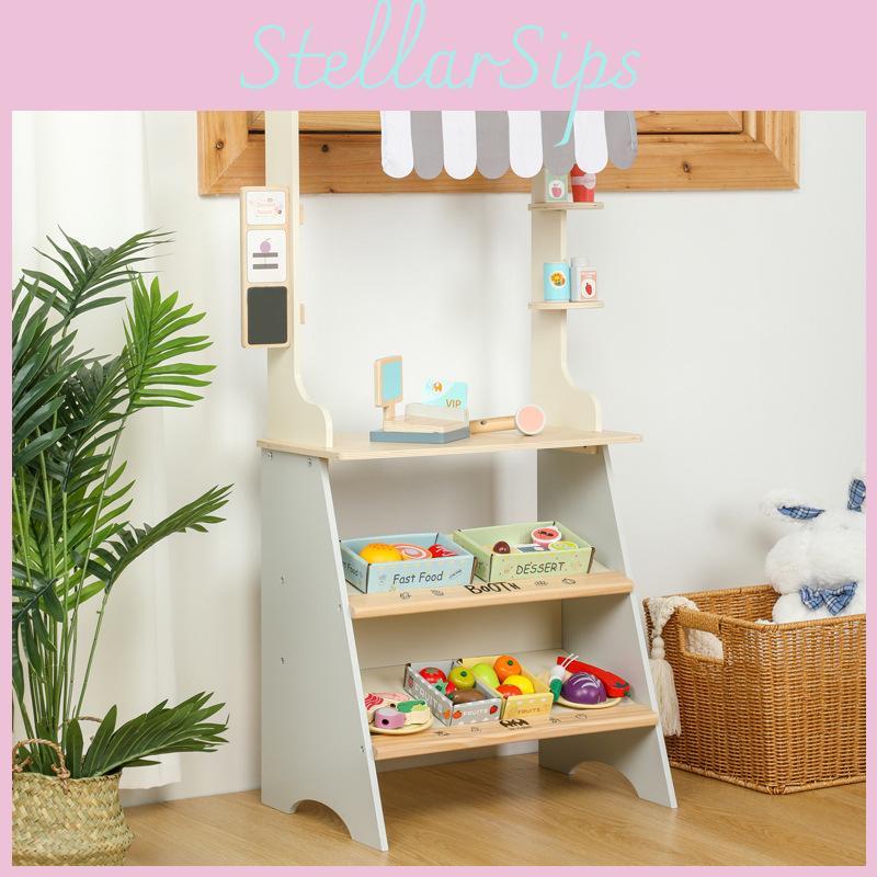 Wooden Pretend Play Fruit And Vegetable Market Set With Shopping Cart For Kids Educational Toy