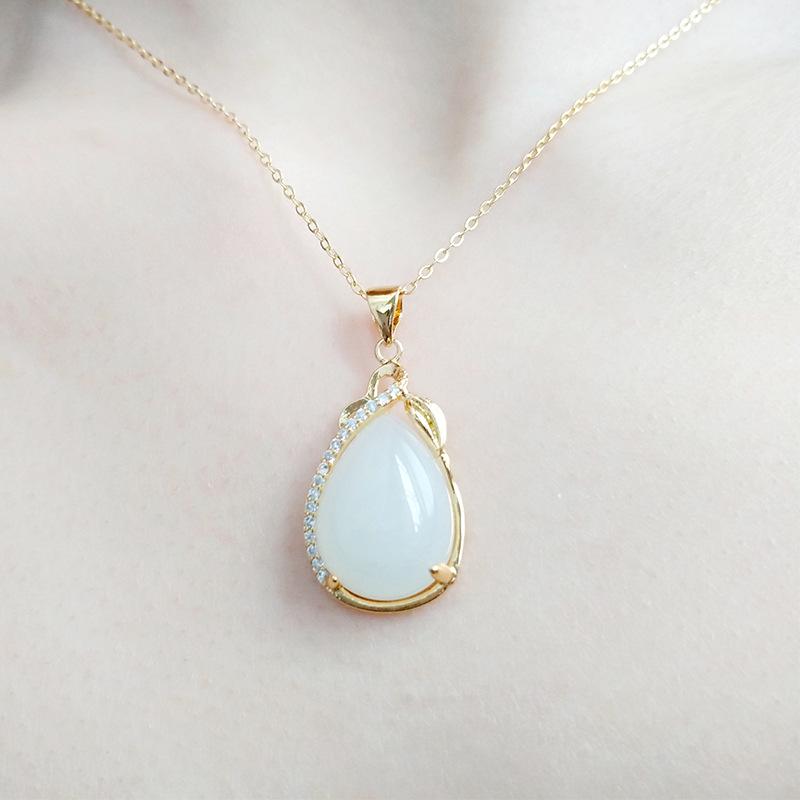 Water Drop Shaped Imitation Hetian Jade Pendant Women'S White Chalcedony Necklace Electroplating