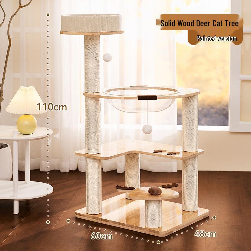 Solid Wood Elk Cat Tree House: Space-Saving Cat Bed with Integrated Capsule and Climbing Frame for Small Apartments.