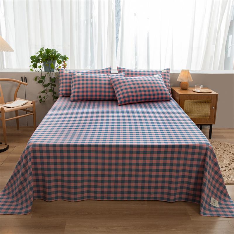 3Pcs 100% Cotton Simple Plaid Pattern Bed Sheet Set Skin-friendly Comfortable Geometric Printed Flat Sheet with Pillowcases