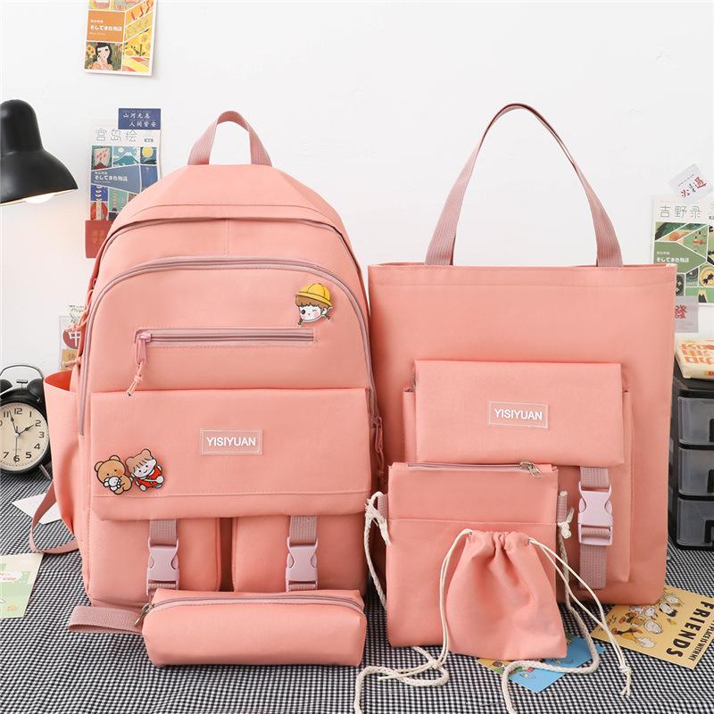 School Bag New Five-piece Set, Primary School Students, Middle School Students, School Bags, Women's Contrasting Colors