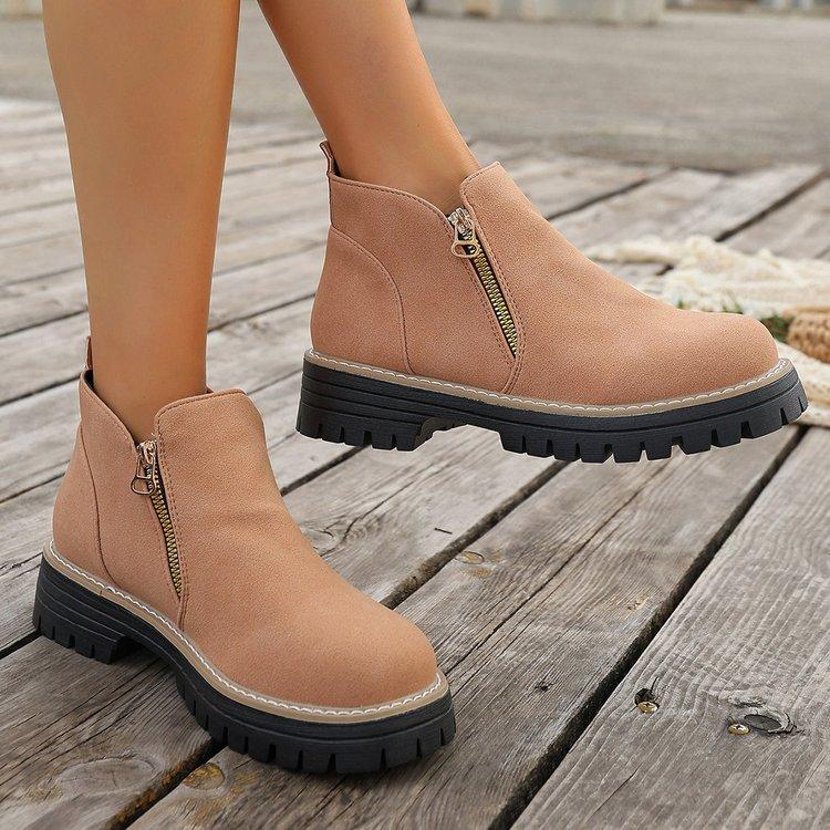 European & American Fashion Autumn/Winter New Large-Size Chunky Heel Thick Sole Side Zipper Outdoor Round Toe Short Boots for Women