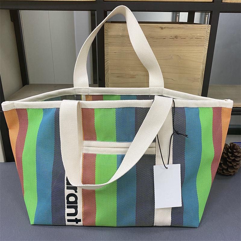 Rakuten Japan Korea Straw Woven Tote Bag with Colored Stripes - Casual Handbag for Shopping