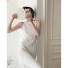 Waist-Cinching Textured Pearl White Maxi Dress - French Pearlescent Camisole Design