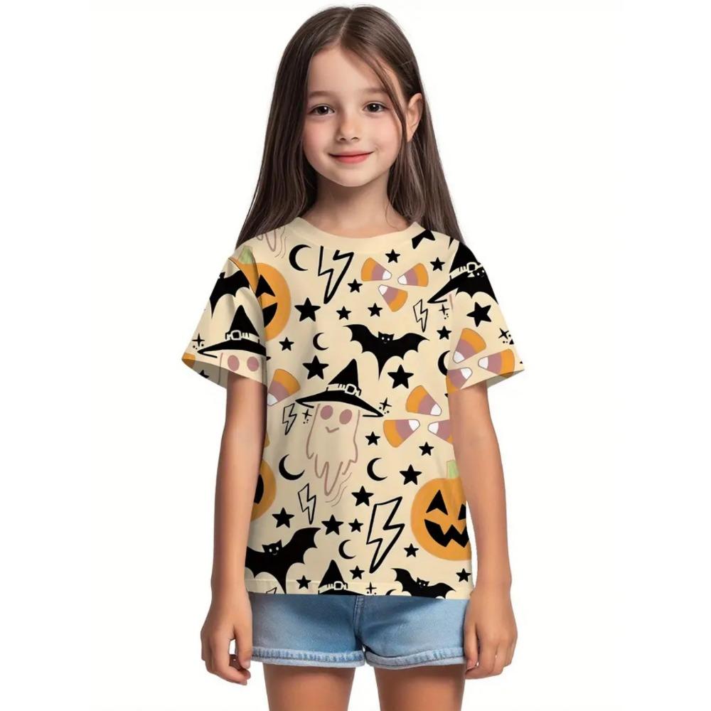 Kids' T-Shirt Girl Halloween Cute Cartoon Prints Pumpkin Round Neck Short Sleeve Tops Fashion Girls Holiday Children's Clothing