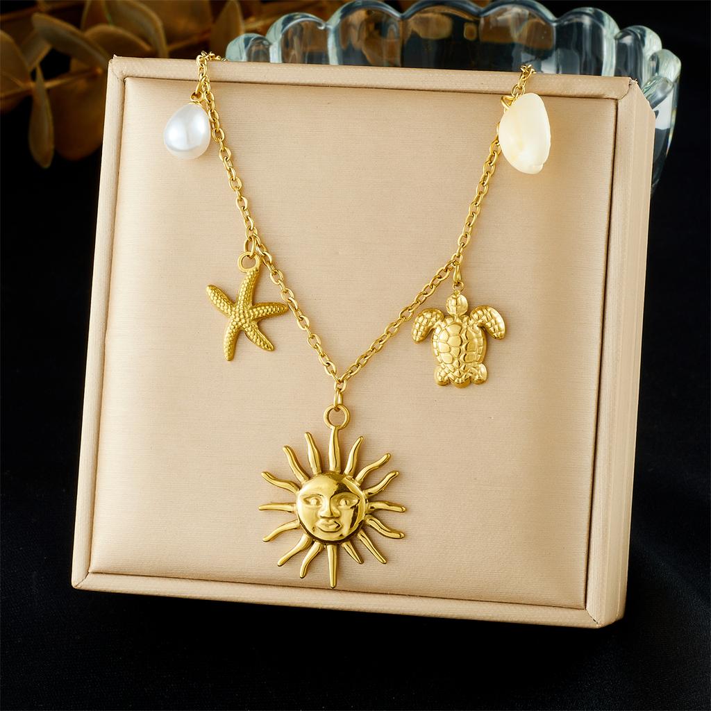 316L Stainless Steel Ocean Style Starfish Tortoise Shell Face Sun Pendant Necklace Women Noble Elegant Neck Chain Gifts