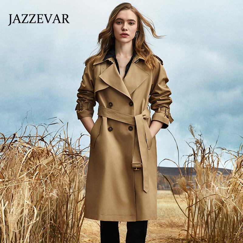 

JAZZEVAR Тренч средней длины для женщин, осенняя модная повседневная однотонная куртка с поясом