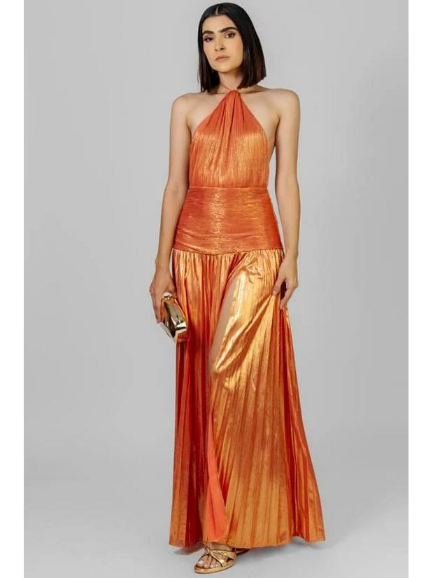 European and American Women's Metallic Pleated Slit Halter Dress Sleeveless Backless Lace-Up 8155