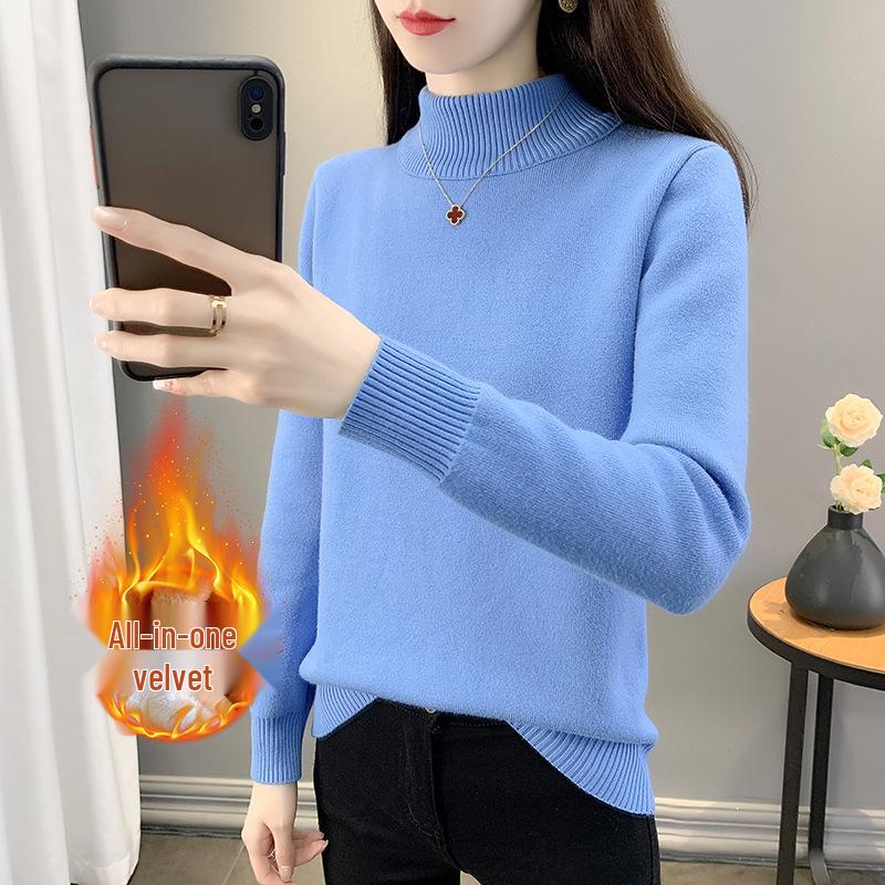 2025 Women's Autumn/Winter Half-High Collar Velvet-Lined Knit Sweater