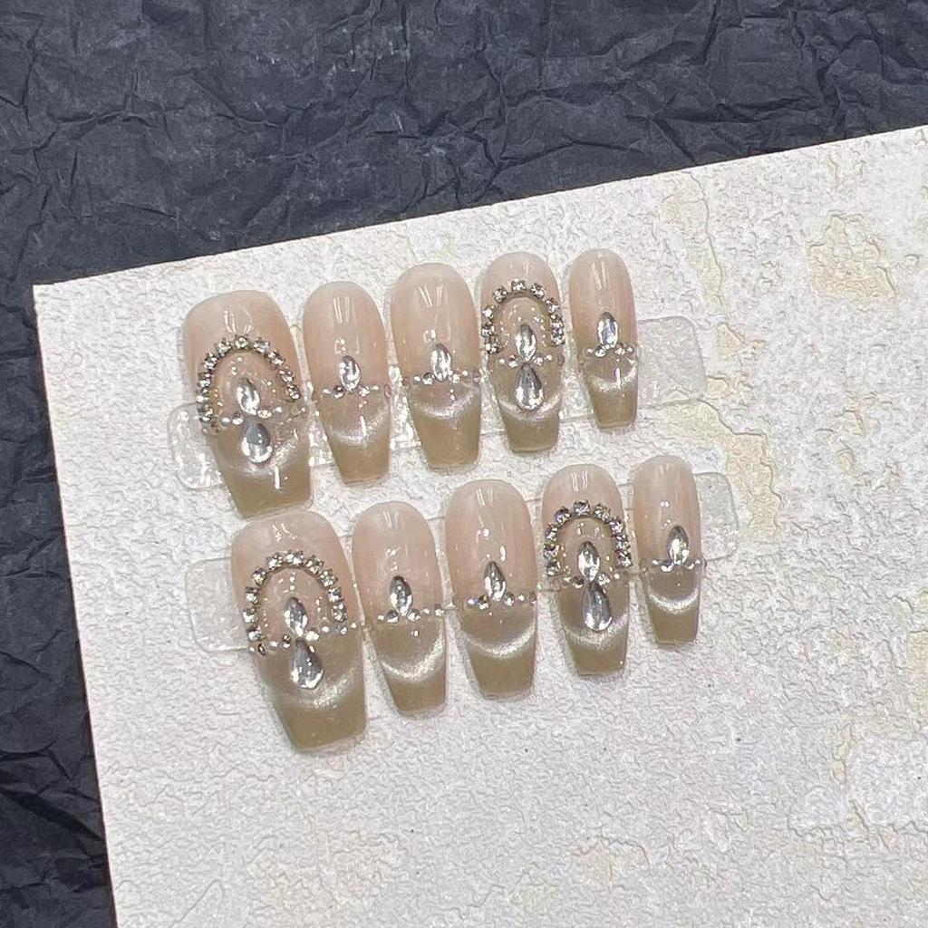 Wearing Armor Pure Handmade Manicure Finished Product Fake Nail Patch Nude Color Highlight Silver Cat Eye Flashing Bead Curtain Diamond