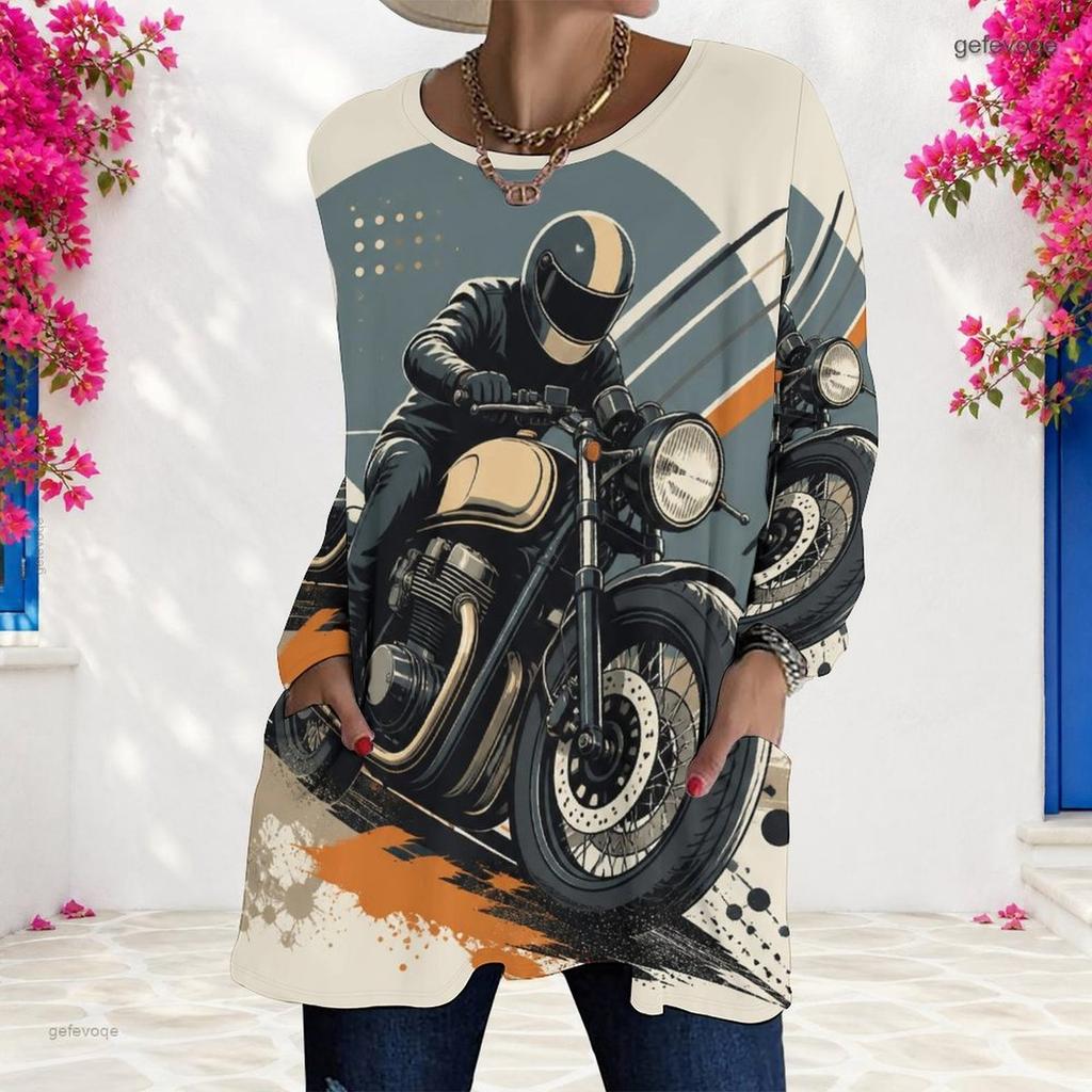 Women Plus Size Round Neck Long Sleeve Cartoon Excavator Printed Loose Longline T Shirt With Pockets