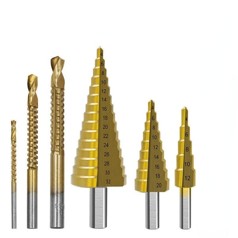 Burghie trepte din oțel Hss acoperite cu titan 3-12mm 4-12mm 4-20mm Unelte de tăiere con trepte Oțel, lemn, metal, set de putere de foraj