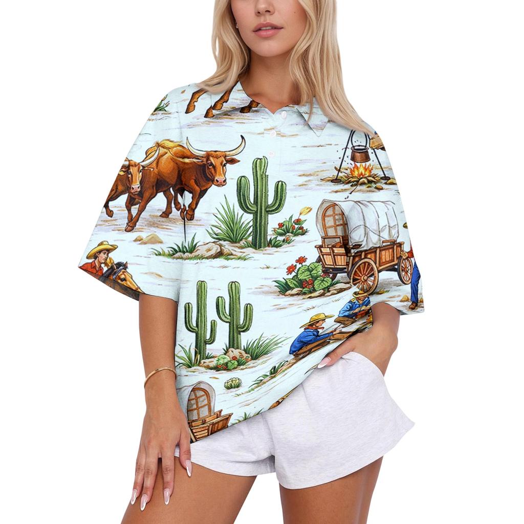 Women Loose Fit Polo Collar Shirt Casual Short Sleeve Top Soft Fabric Printed Blouse Relaxed Fit for Daily Wear Office School Travel