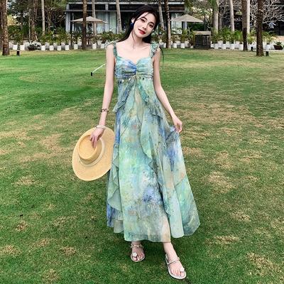 French Dopamine Print Suspender Temperament Dress Women's Summer Fairy Seaside Vacation Ruffled Floral Long Dress