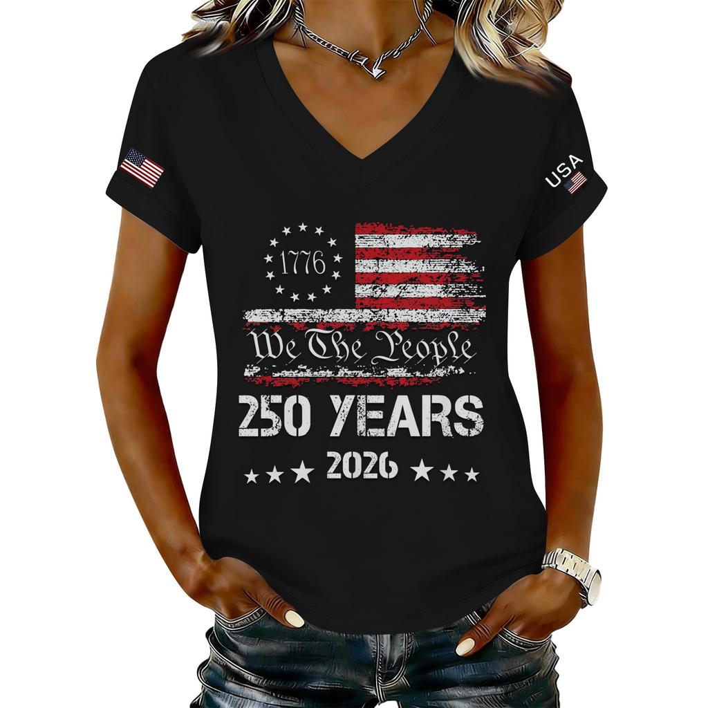 Women's Fashionable V-Neck Casual Retro Print Short Sleeved T-shirt Top