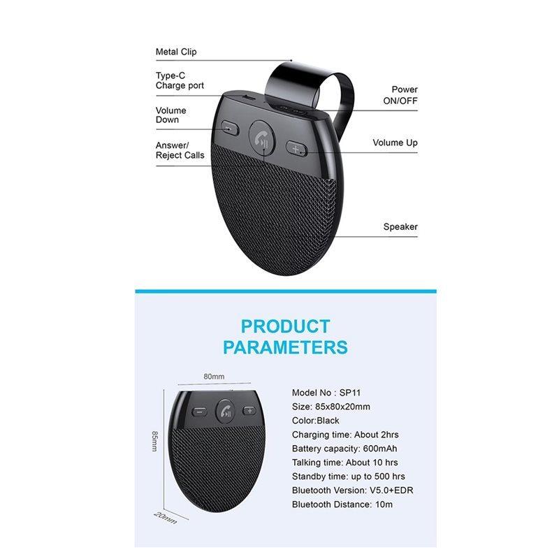 Car Speakerphone Bluetooth 5.0 Kit-Wireless Handsfree Sun Visor Music Player With Mic, Noise Reduction
