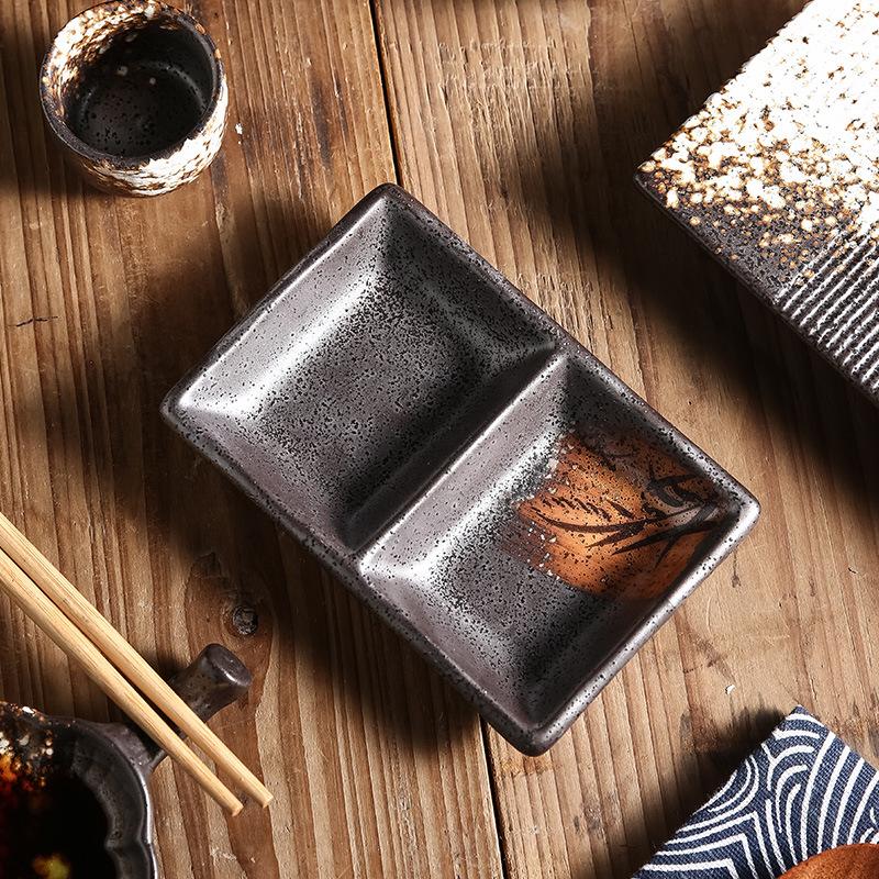 Japanese-Style Two-Grid Plate, Sauce Saucer, Barbecue Dipping Plate, Ceramic Snack Plate, Household Rectangular Saucer