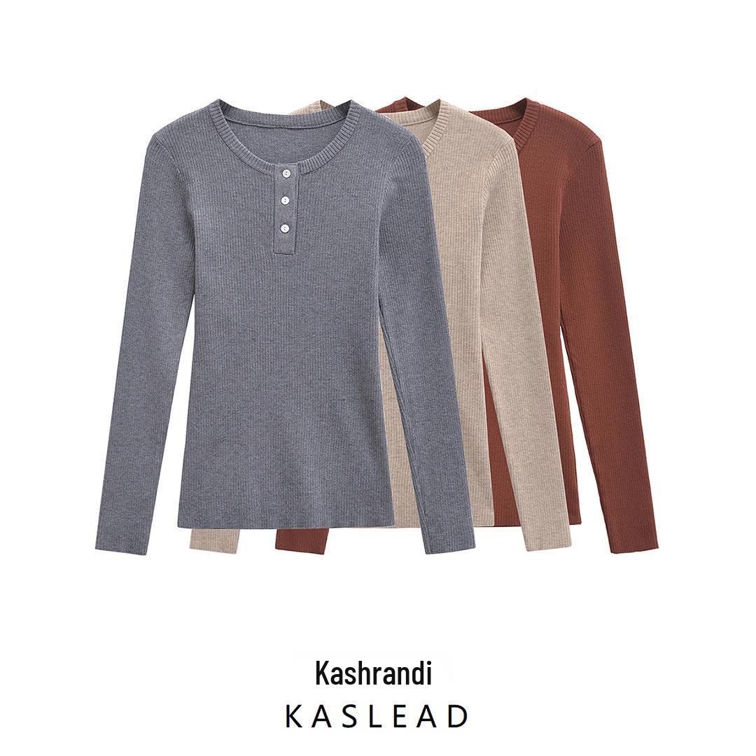 

2024 Autumn Women s European & American Style Button Ribbed Crew Neck Long Sleeve T-shirt Medium червоний