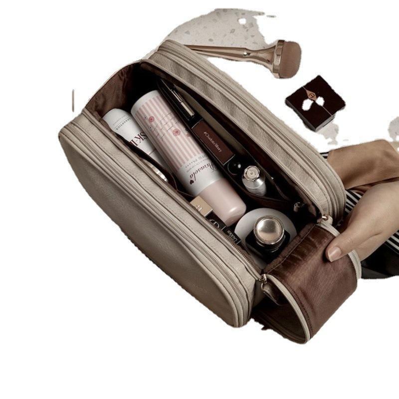 Double-Layer PU Travel Cosmetic Bag with Large Capacity