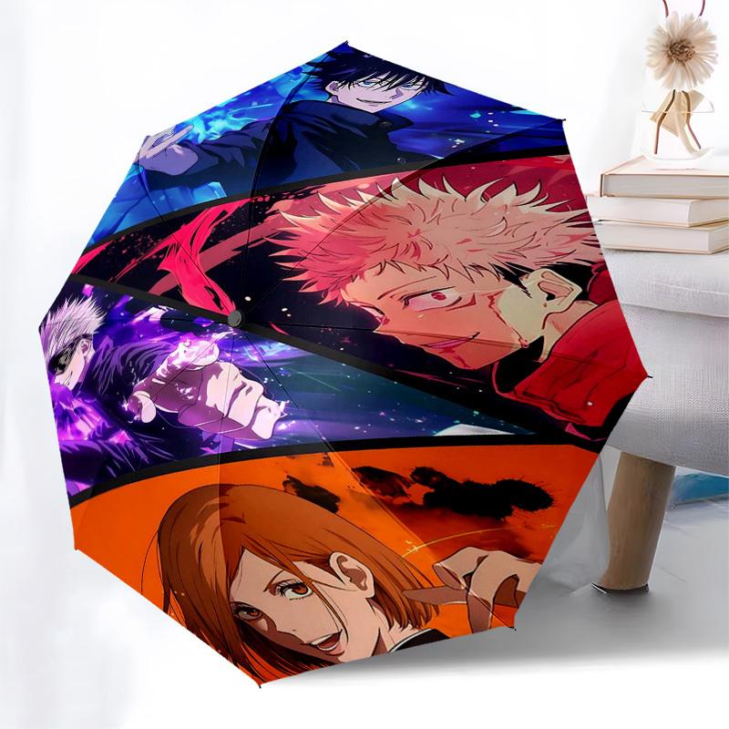1 Stück Jujutsu Kaisen Charaktere Automatisches Öffnen und Schließen Regenschirm Tragbares Dreifach faltbares Design mit 8-Speichen-Eisenrahmen, Outdoor, Geschenk für Fans, Reisende, Tägliche Nutzung,