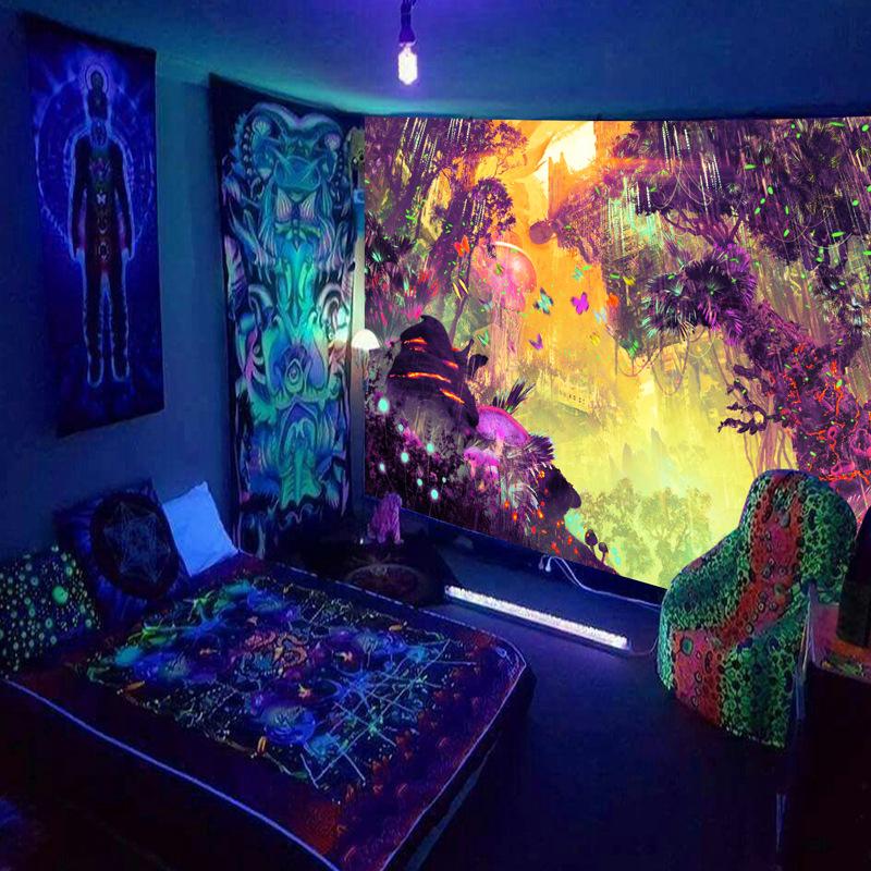 Black Light Tapestry Wall Hanging UV Reactive Psychedelic World Hippie  for Bedroom Dorm Indie Room Decor