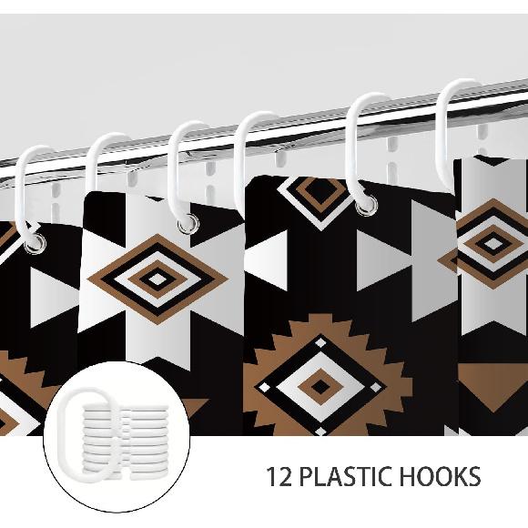 Black Western Aztec Shower Curtain, Vintage Abstract Geometric Cowboy Shower Curta Set, Boho Southwestern Tribal Native Neutral Fabric Shower Curta