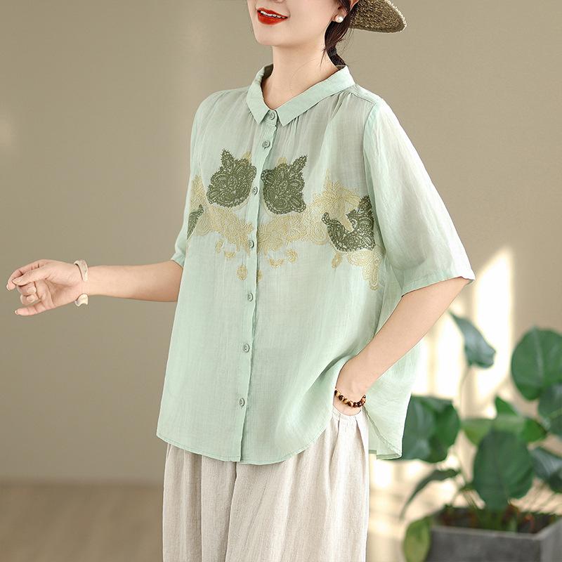 2025 Artistic Embroidered Cotton-Linen Plus Size Summer Set: Retro Loose-Fit Pants for Women L
