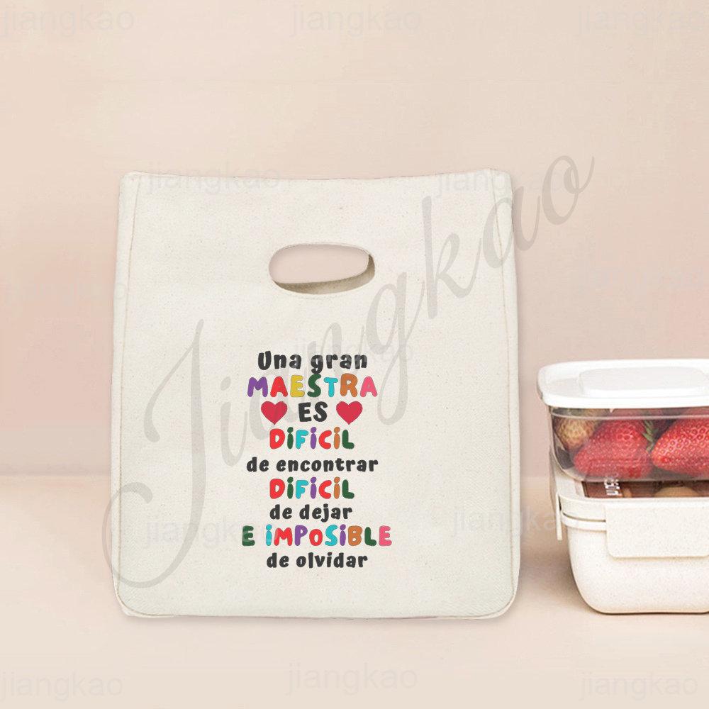 Spanish Printed Portable Lunch Bags Thermal Insulated Bag Teacher Life Picnic Foods Cooler Storage Pouch Thanks Gift for Teacher