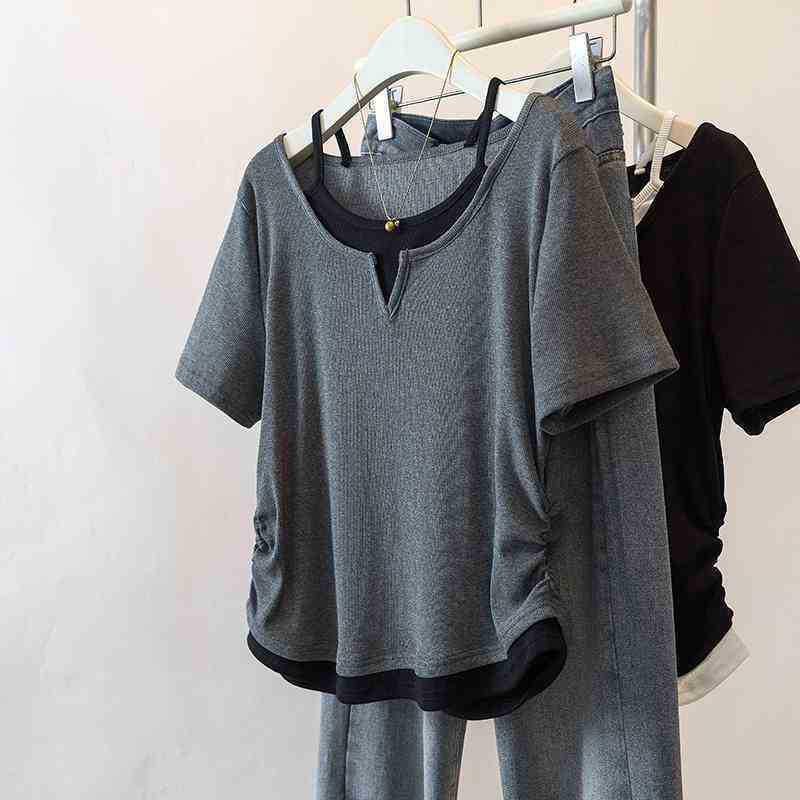 Women's Plus Size Patchwork Faux Two-Piece Short Sleeve T-Shirt - Loose, Slimming, Versatile Summer Style